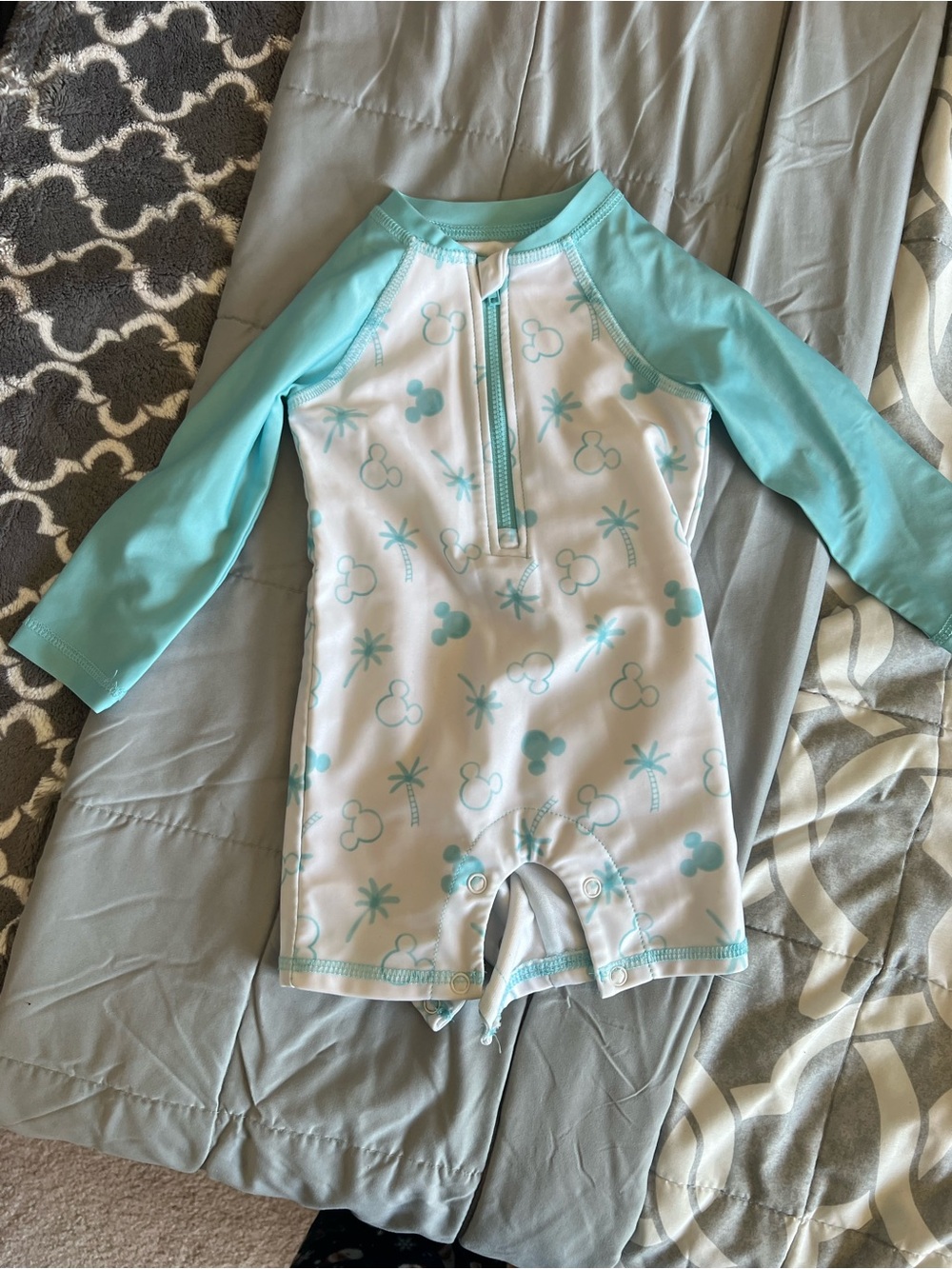 Disney Mint & White Long-Sleeve One-Piece Rashguard Swim Suit